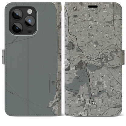 【パース（オーストラリア）】地図柄iPhoneケース（手帳タイプ）モノトーン・iPhone 15 Pro Max 用