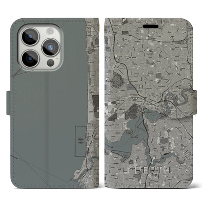 【パース（オーストラリア）】地図柄iPhoneケース（手帳タイプ）モノトーン・iPhone 15 Pro 用