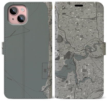 【パース（オーストラリア）】地図柄iPhoneケース（手帳タイプ）モノトーン・iPhone 15 Plus 用