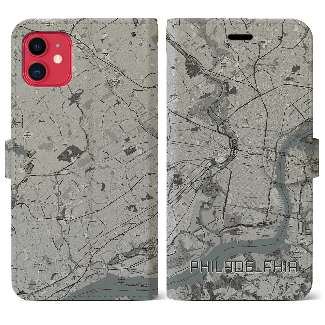 【フィラデルフィア】地図柄iPhoneケース（手帳両面タイプ・モノトーン）iPhone 11 用
