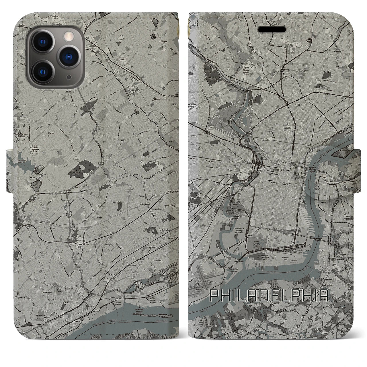 【フィラデルフィア】地図柄iPhoneケース（手帳両面タイプ・モノトーン）iPhone 11 Pro Max 用