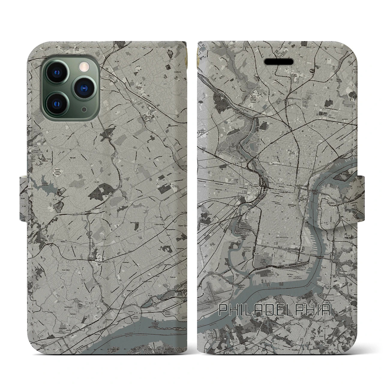 【フィラデルフィア】地図柄iPhoneケース（手帳両面タイプ・モノトーン）iPhone 11 Pro 用