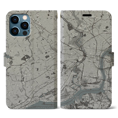 【フィラデルフィア（アメリカ）】地図柄iPhoneケース（手帳タイプ）モノトーン・iPhone 12 / 12 Pro 用