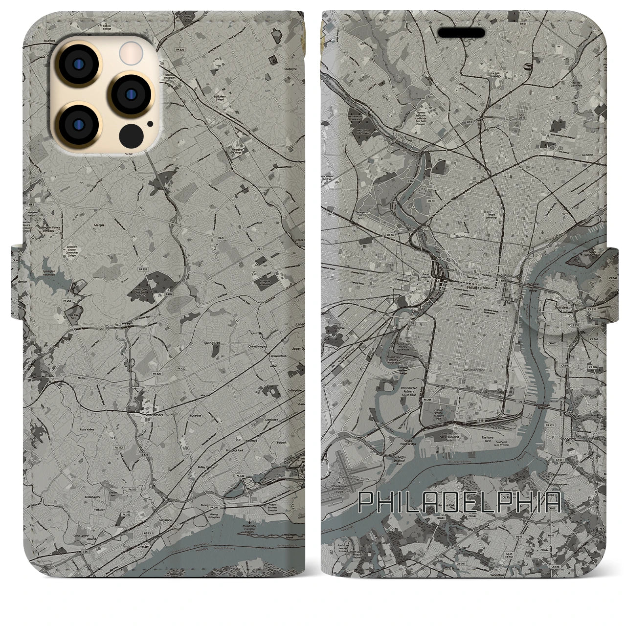 【フィラデルフィア】地図柄iPhoneケース（手帳両面タイプ・モノトーン）iPhone 12 Pro Max 用