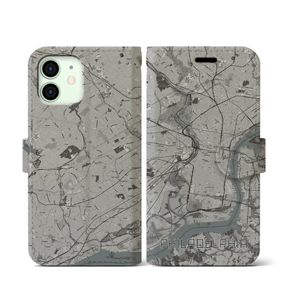 【フィラデルフィア（アメリカ）】地図柄iPhoneケース（手帳タイプ）モノトーン・iPhone 12 mini 用