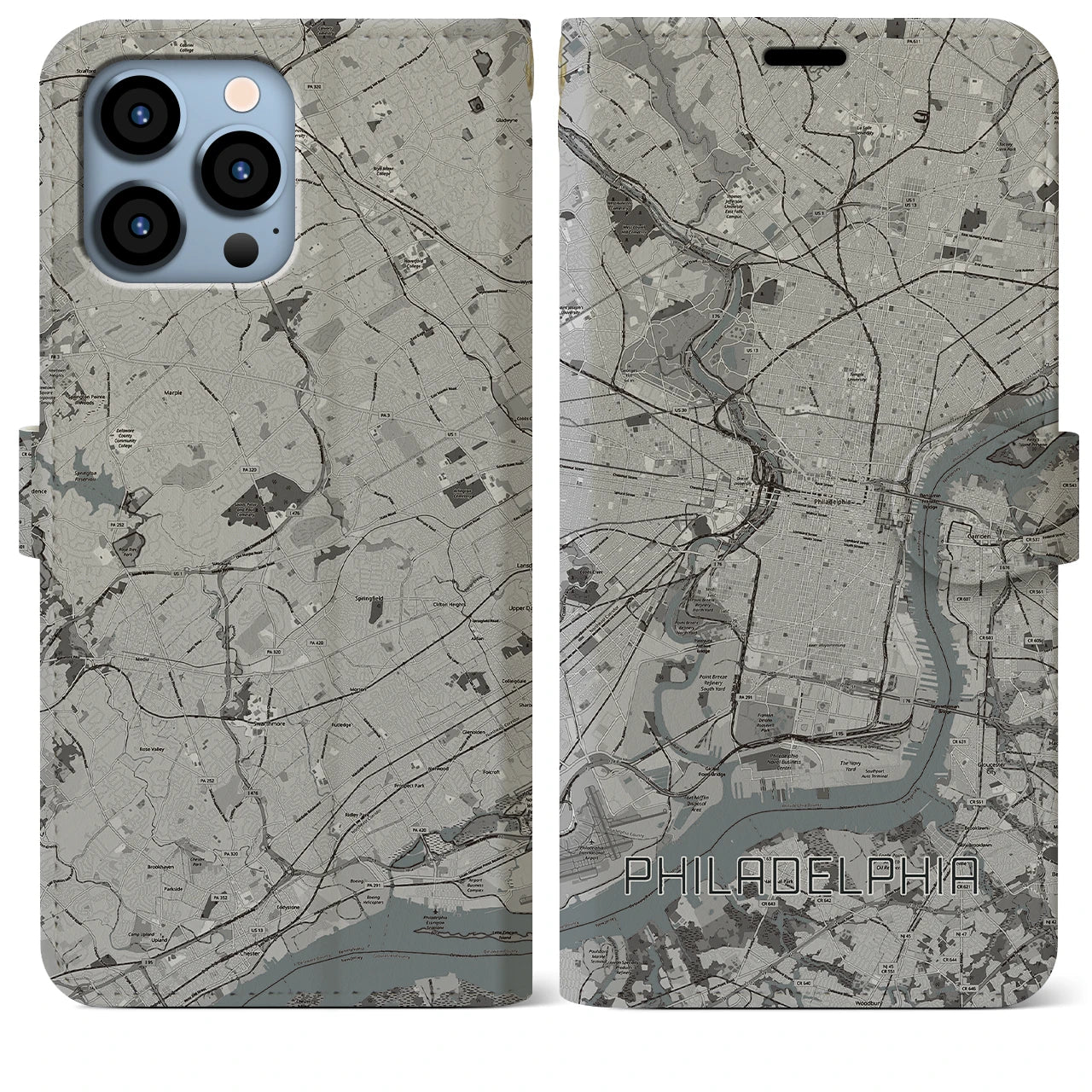 【フィラデルフィア】地図柄iPhoneケース（手帳両面タイプ・モノトーン）iPhone 13 Pro Max 用