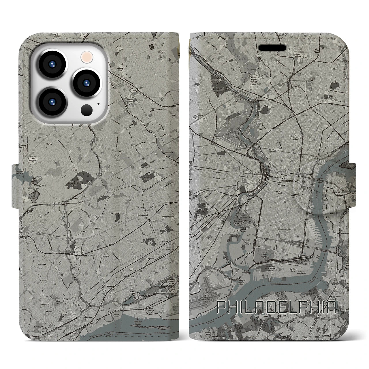 【フィラデルフィア】地図柄iPhoneケース（手帳両面タイプ・モノトーン）iPhone 13 Pro 用