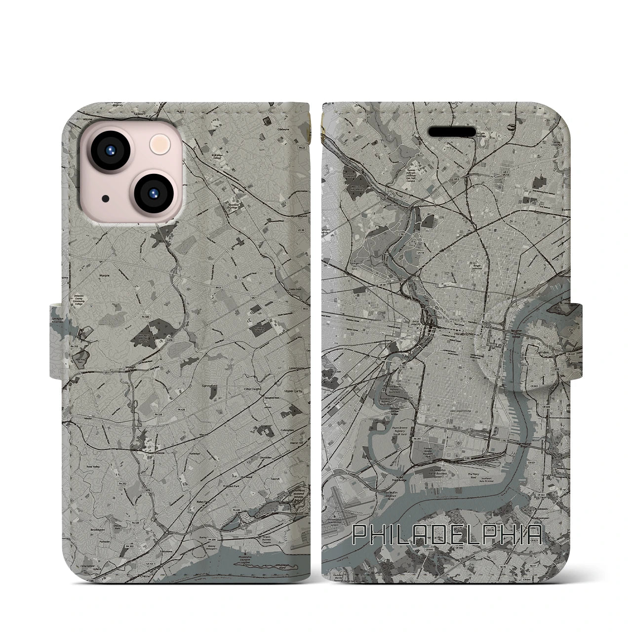 【フィラデルフィア】地図柄iPhoneケース（手帳両面タイプ・モノトーン）iPhone 13 mini 用