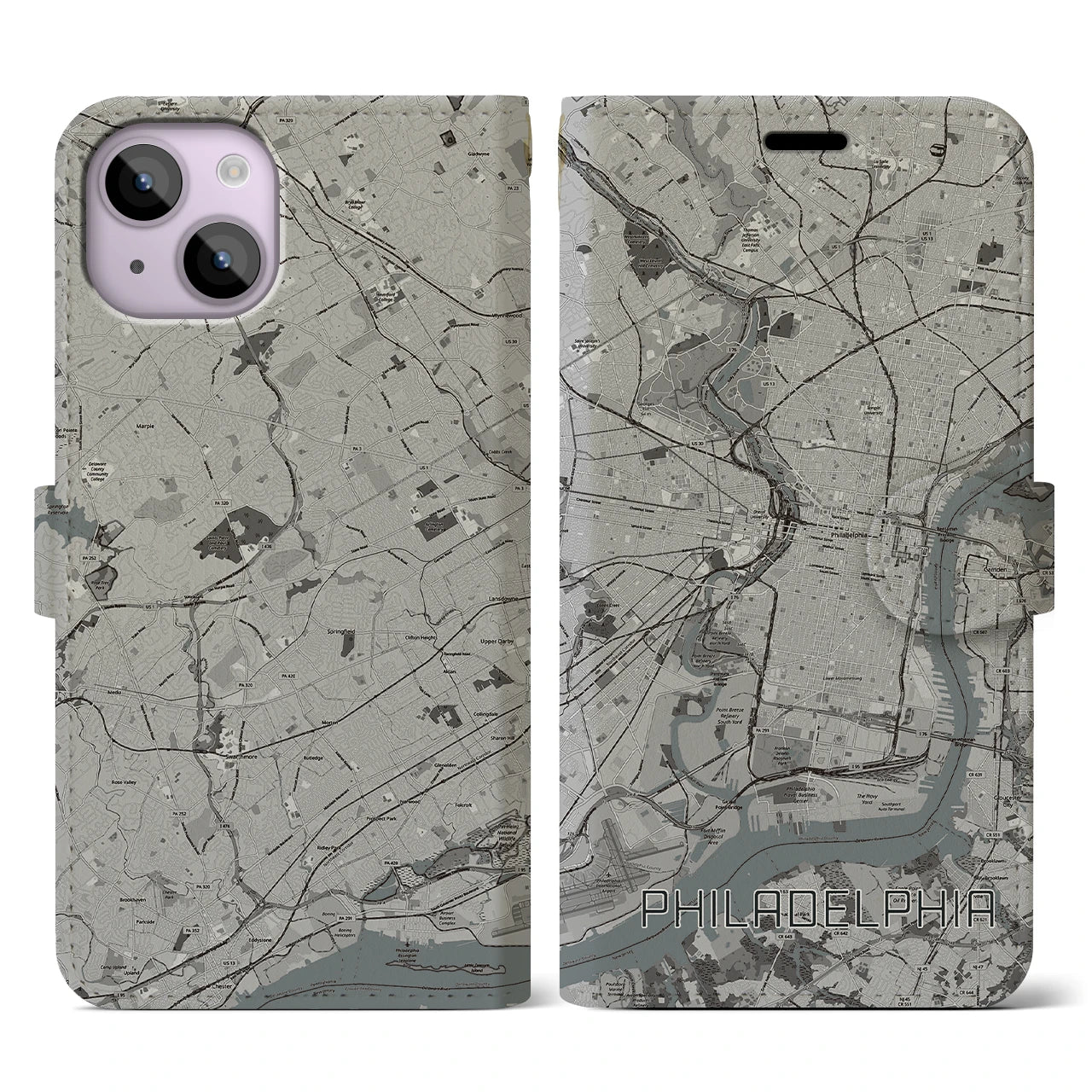 【フィラデルフィア】地図柄iPhoneケース（手帳両面タイプ・モノトーン）iPhone 14 用