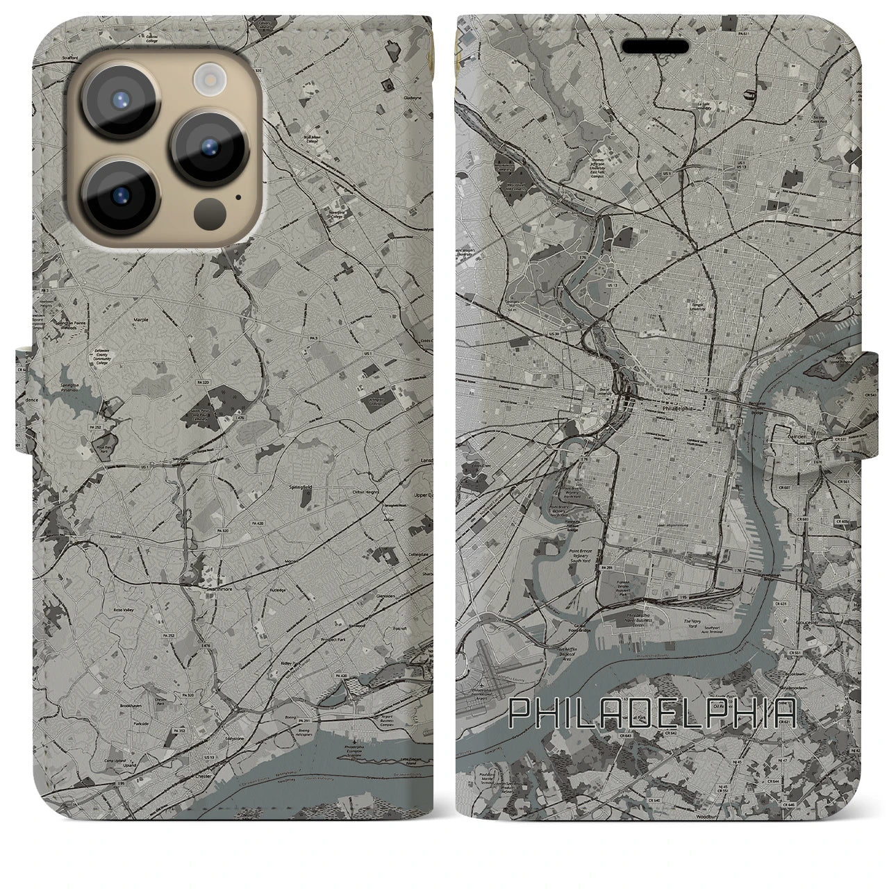 【フィラデルフィア】地図柄iPhoneケース（手帳両面タイプ・モノトーン）iPhone 14 Pro Max 用