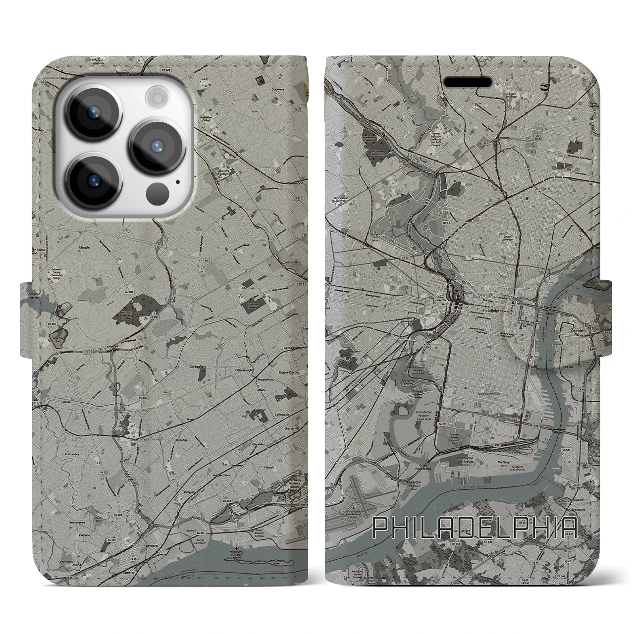 【フィラデルフィア】地図柄iPhoneケース（手帳両面タイプ・モノトーン）iPhone 14 Pro 用