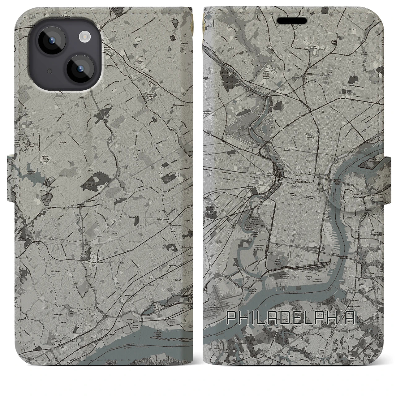 【フィラデルフィア】地図柄iPhoneケース（手帳両面タイプ・モノトーン）iPhone 14 Plus 用