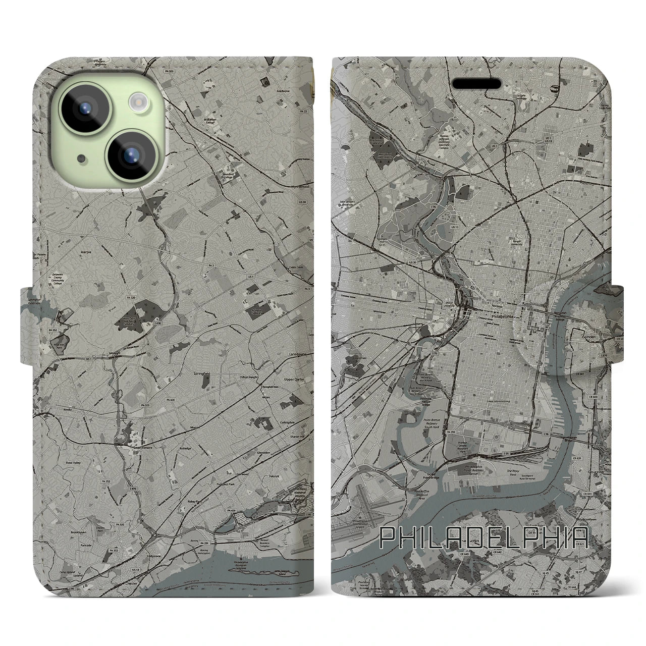 【フィラデルフィア】地図柄iPhoneケース（手帳両面タイプ・モノトーン）iPhone 15 用