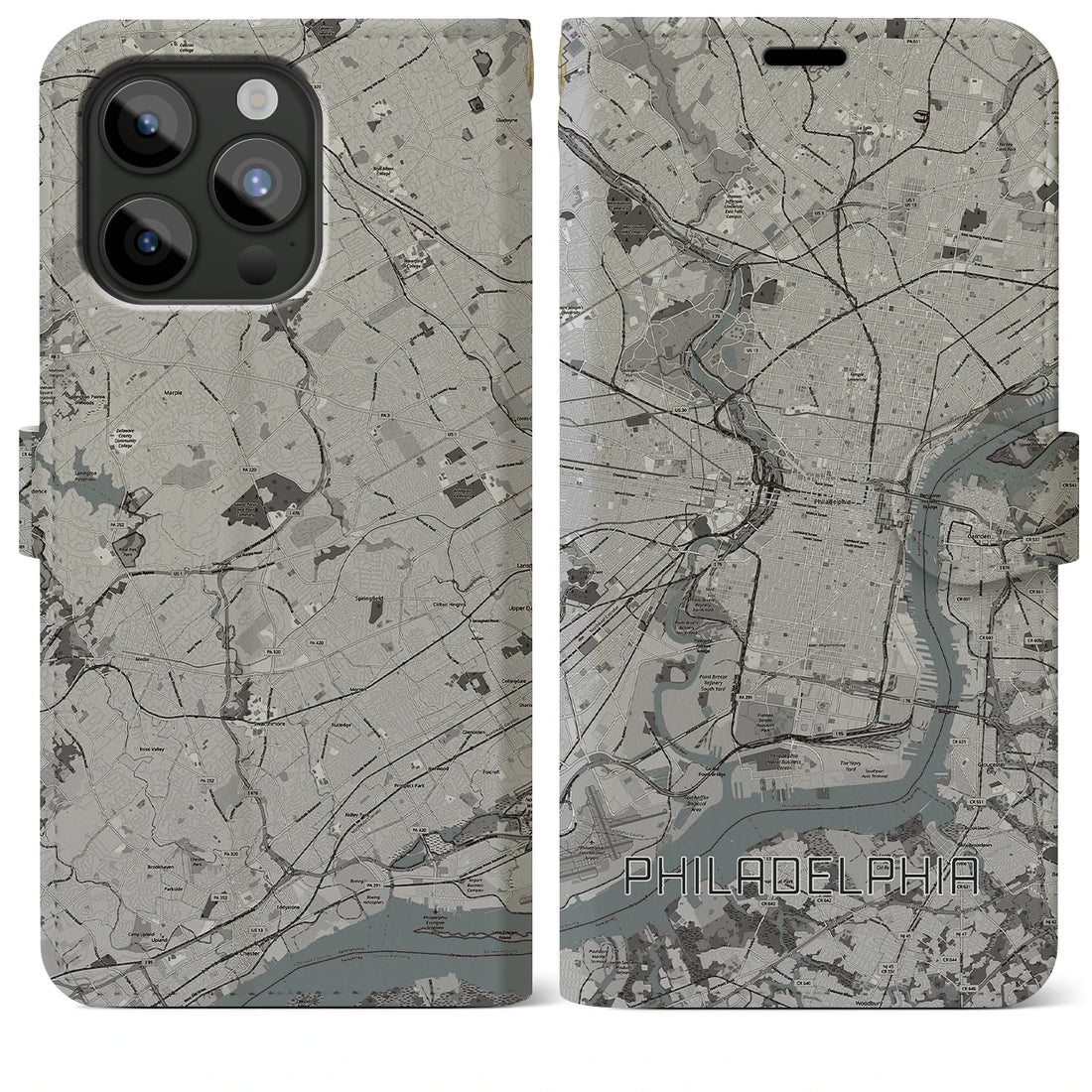 【フィラデルフィア】地図柄iPhoneケース（手帳両面タイプ・モノトーン）iPhone 15 Pro Max 用