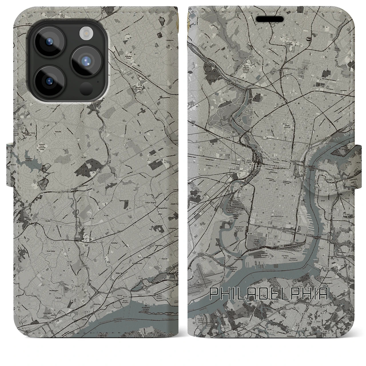 【フィラデルフィア】地図柄iPhoneケース（手帳両面タイプ・モノトーン）iPhone 15 Pro Max 用