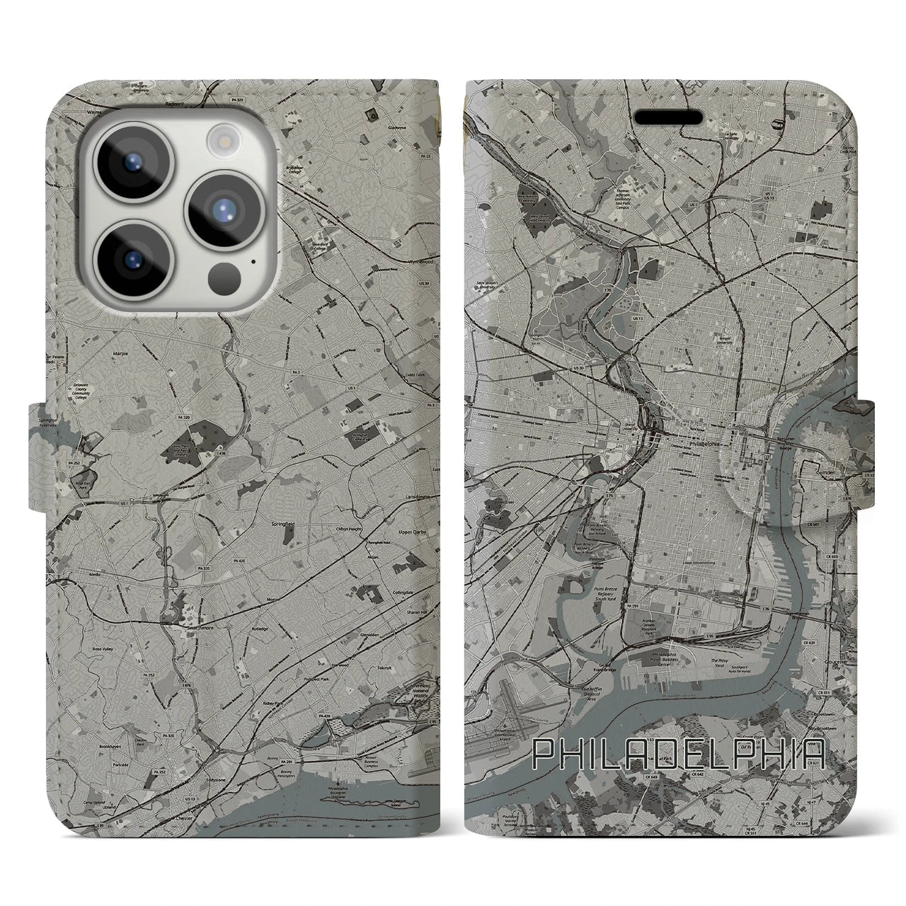 【フィラデルフィア】地図柄iPhoneケース（手帳両面タイプ・モノトーン）iPhone 15 Pro 用