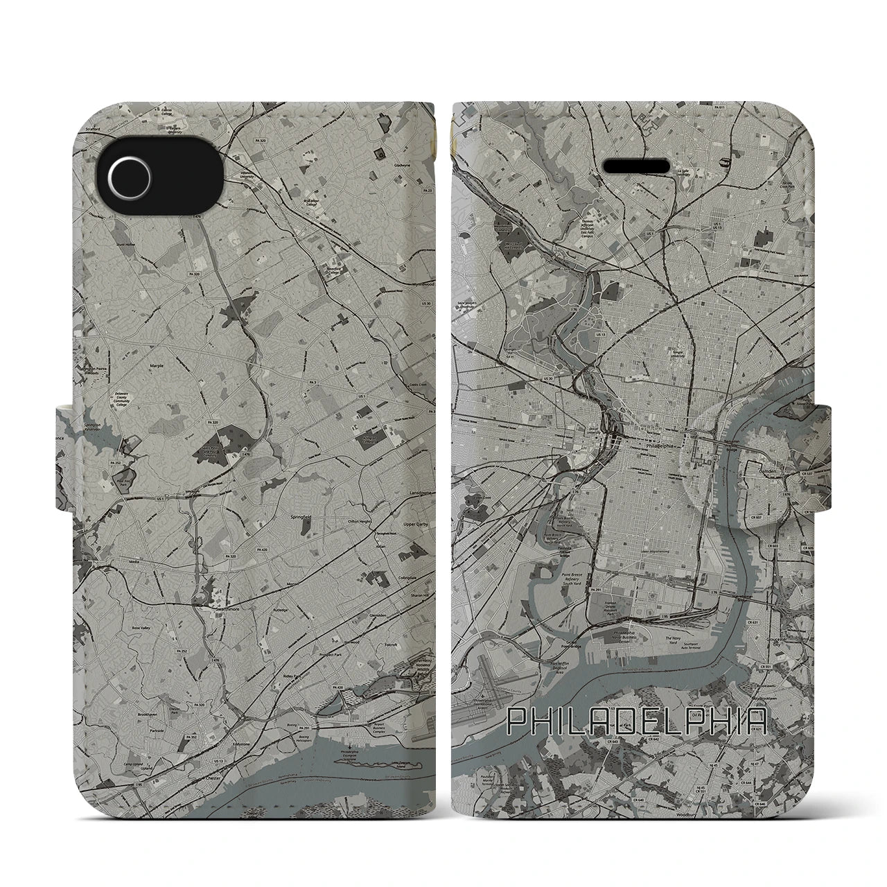 【フィラデルフィア】地図柄iPhoneケース（手帳両面タイプ・モノトーン）iPhone SE（第3 / 第2世代） / 8 / 7 / 6s / 6 用