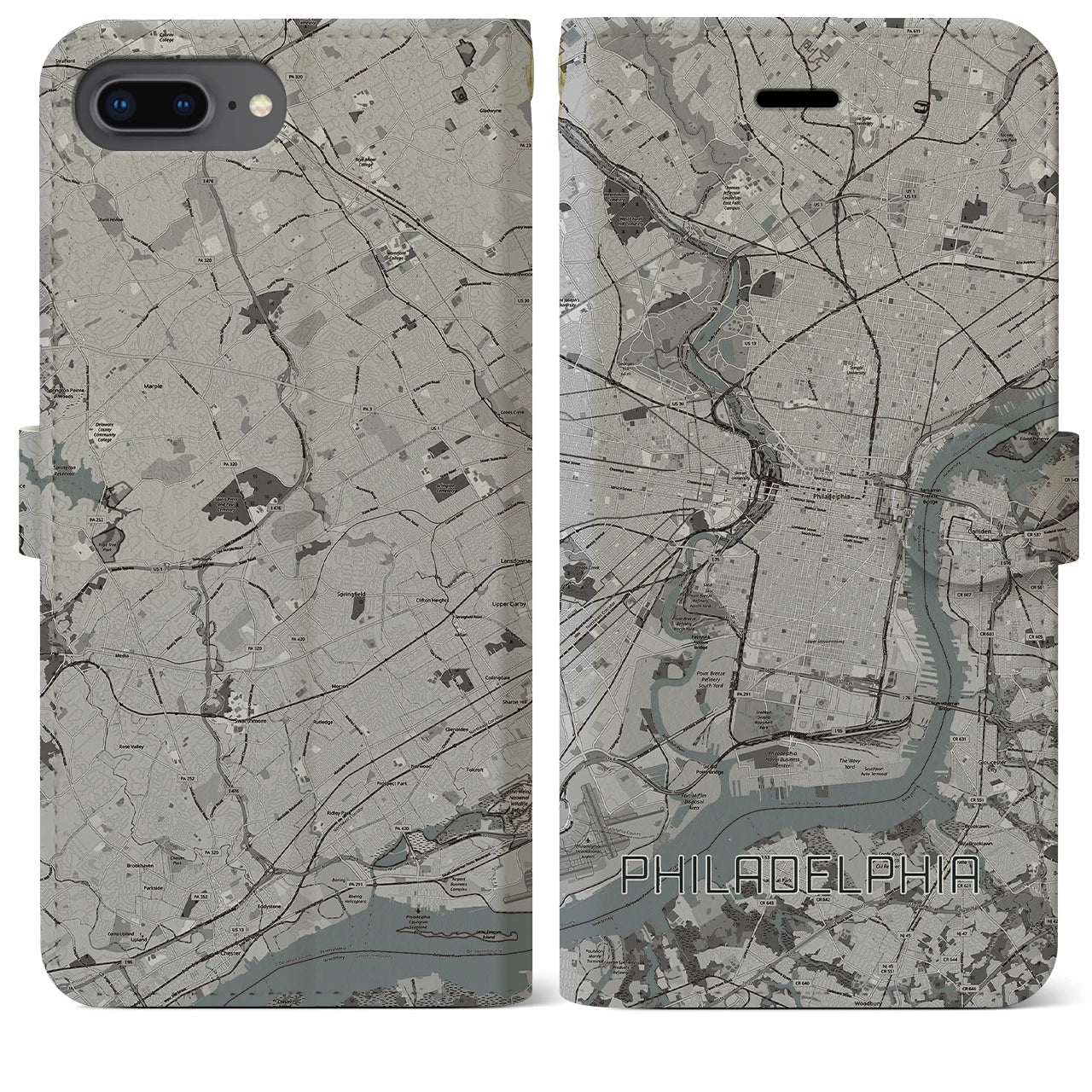 【フィラデルフィア】地図柄iPhoneケース（手帳両面タイプ・モノトーン）iPhone 8Plus /7Plus / 6sPlus / 6Plus 用