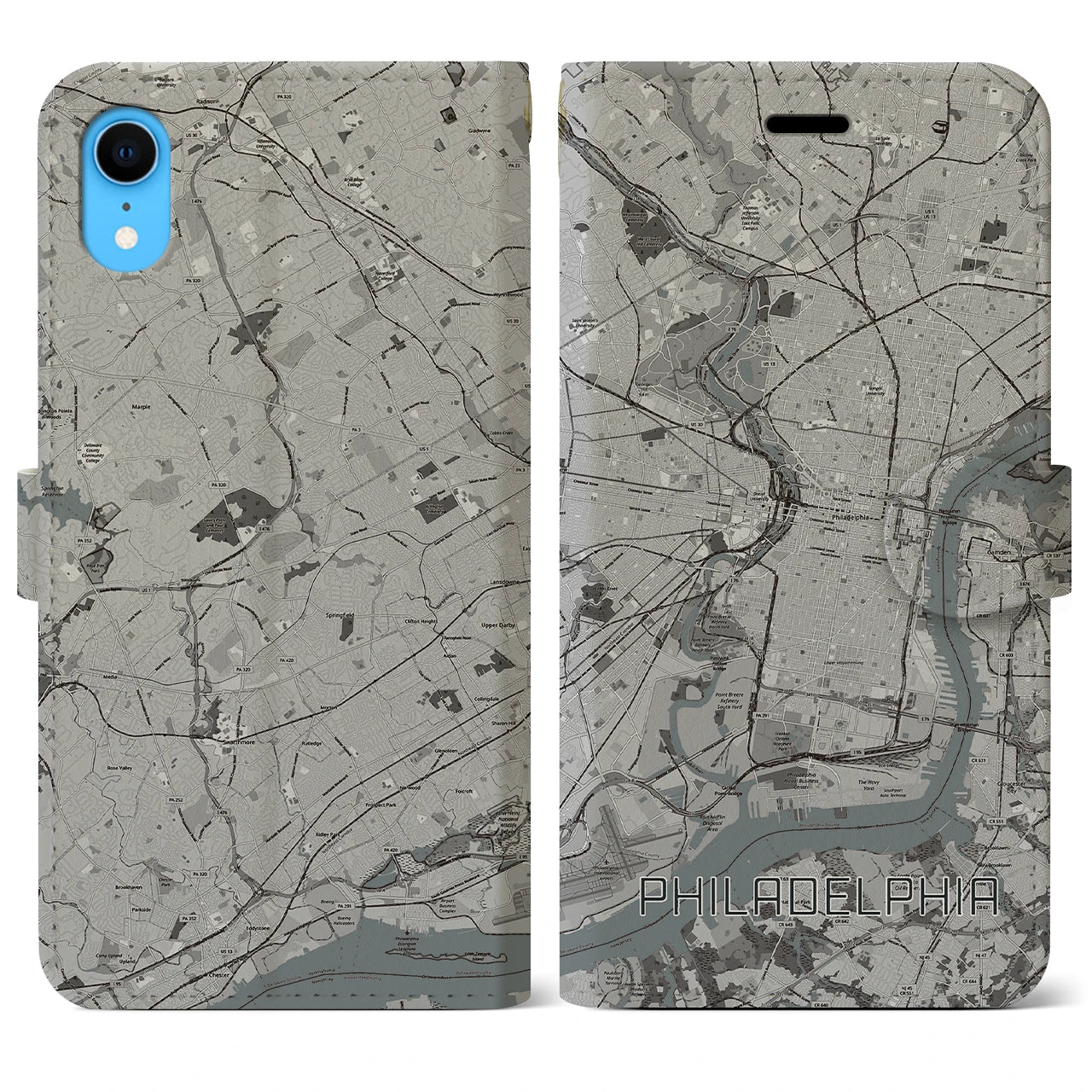 【フィラデルフィア】地図柄iPhoneケース（手帳両面タイプ・モノトーン）iPhone XR 用