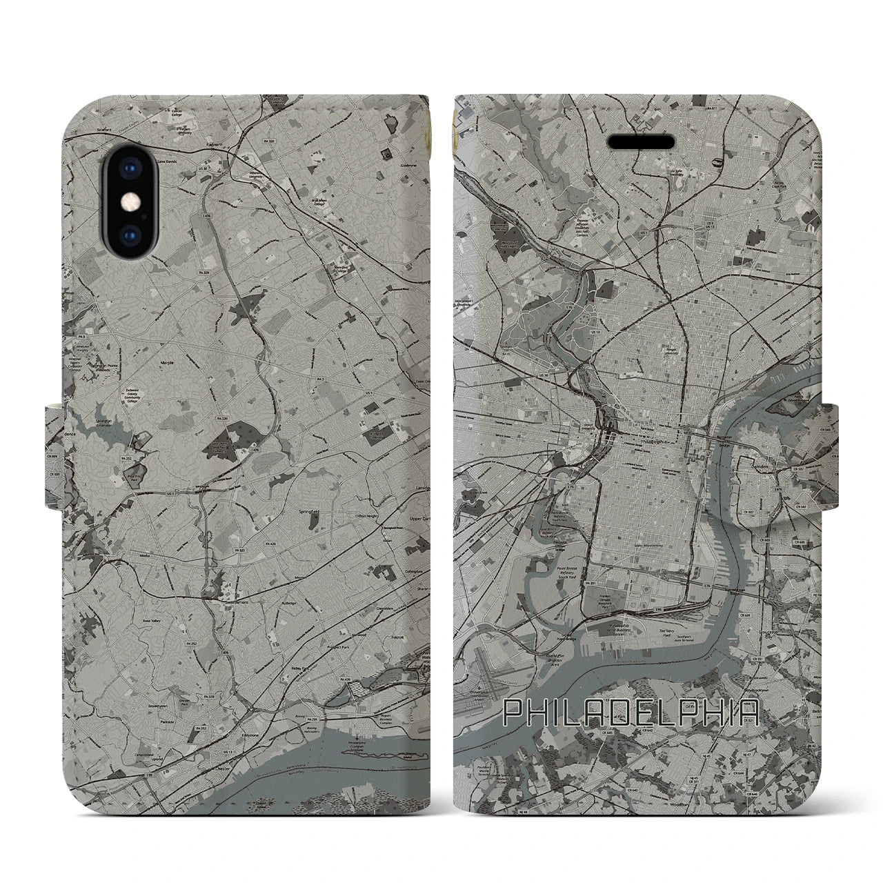 【フィラデルフィア】地図柄iPhoneケース（手帳両面タイプ・モノトーン）iPhone XS / X 用