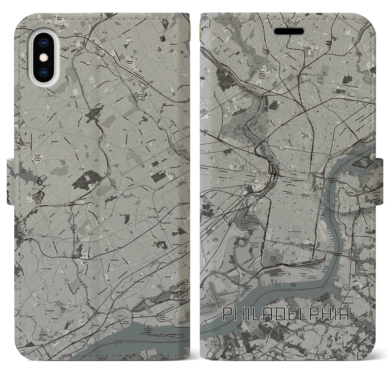 【フィラデルフィア】地図柄iPhoneケース（手帳両面タイプ・モノトーン）iPhone XS Max 用