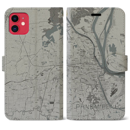 【プノンペン（カンボジア）】地図柄iPhoneケース（手帳タイプ）モノトーン・iPhone 11 用