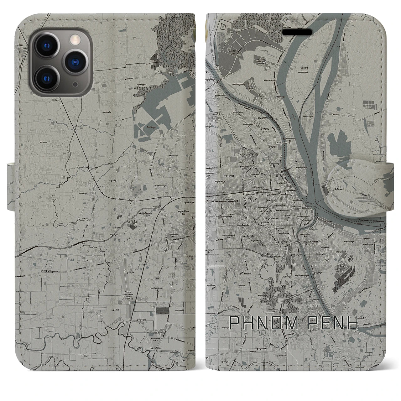 【プノンペン】地図柄iPhoneケース（手帳両面タイプ・モノトーン）iPhone 11 Pro Max 用