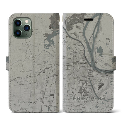 【プノンペン（カンボジア）】地図柄iPhoneケース（手帳タイプ）モノトーン・iPhone 11 Pro 用
