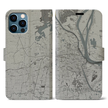 【プノンペン（カンボジア）】地図柄iPhoneケース（手帳タイプ）モノトーン・iPhone 12 / 12 Pro 用