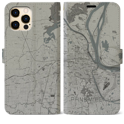 【プノンペン（カンボジア）】地図柄iPhoneケース（手帳タイプ）モノトーン・iPhone 12 Pro Max 用