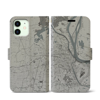 【プノンペン（カンボジア）】地図柄iPhoneケース（手帳タイプ）モノトーン・iPhone 12 mini 用
