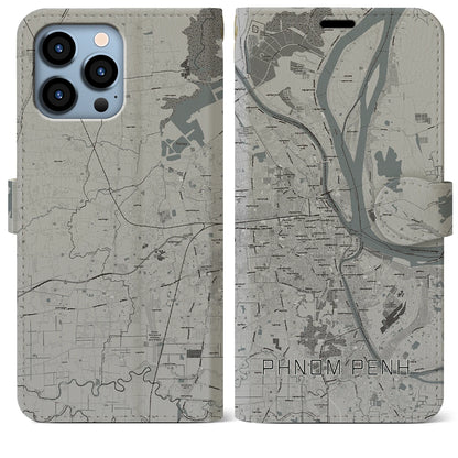 【プノンペン（カンボジア）】地図柄iPhoneケース（手帳タイプ）モノトーン・iPhone 13 Pro Max 用