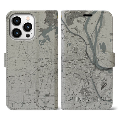 【プノンペン（カンボジア）】地図柄iPhoneケース（手帳タイプ）モノトーン・iPhone 13 Pro 用