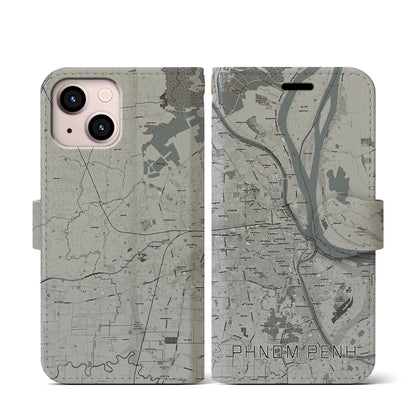 【プノンペン（カンボジア）】地図柄iPhoneケース（手帳タイプ）モノトーン・iPhone 13 mini 用