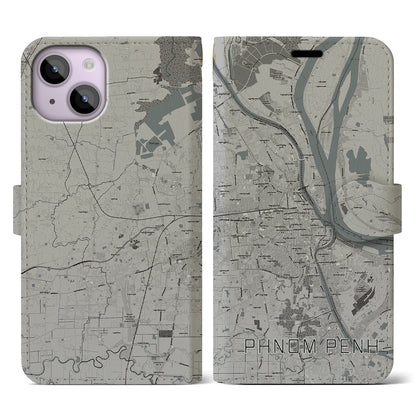 【プノンペン（カンボジア）】地図柄iPhoneケース（手帳タイプ）モノトーン・iPhone 14 用
