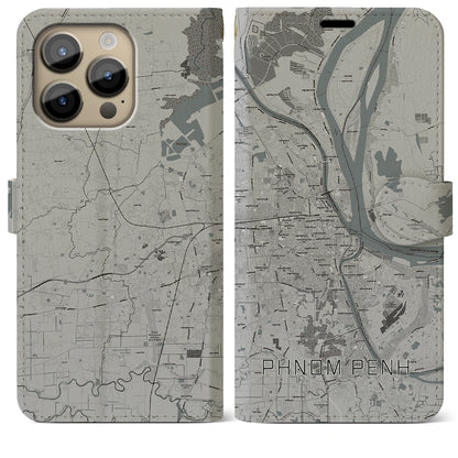 【プノンペン（カンボジア）】地図柄iPhoneケース（手帳タイプ）モノトーン・iPhone 14 Pro Max 用