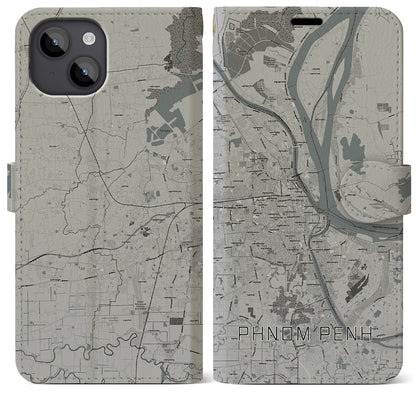 【プノンペン（カンボジア）】地図柄iPhoneケース（手帳タイプ）モノトーン・iPhone 14 Plus 用