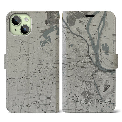 【プノンペン（カンボジア）】地図柄iPhoneケース（手帳タイプ）モノトーン・iPhone 15 用