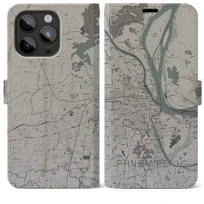 【プノンペン（カンボジア）】地図柄iPhoneケース（手帳タイプ）モノトーン・iPhone 15 Pro Max 用