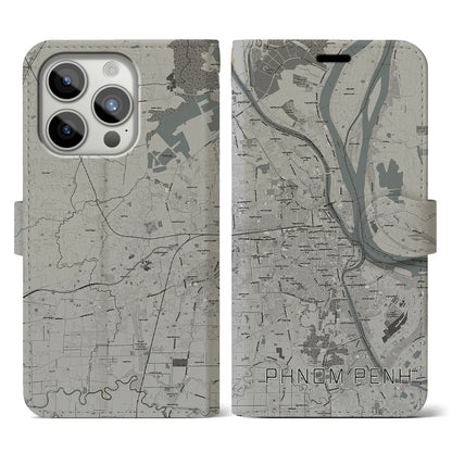 【プノンペン（カンボジア）】地図柄iPhoneケース（手帳タイプ）モノトーン・iPhone 15 Pro 用