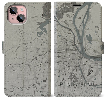 【プノンペン（カンボジア）】地図柄iPhoneケース（手帳タイプ）モノトーン・iPhone 15 Plus 用