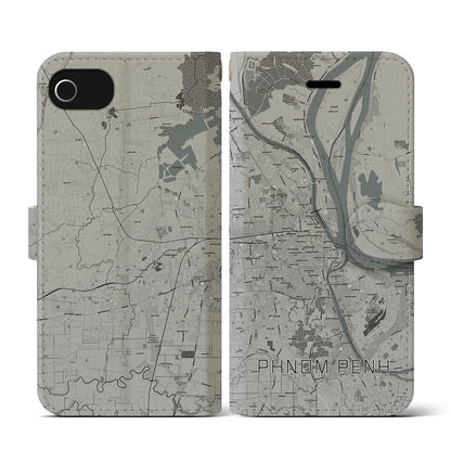 【プノンペン（カンボジア）】地図柄iPhoneケース（手帳タイプ）モノトーン・iPhone SE（第3 / 第2世代） / 8 / 7 / 6s / 6 用