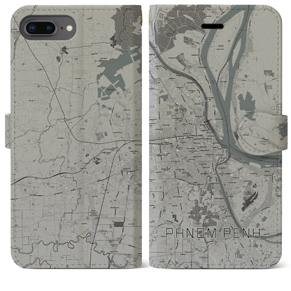 【プノンペン（カンボジア）】地図柄iPhoneケース（手帳タイプ）モノトーン・iPhone 8Plus /7Plus / 6sPlus / 6Plus 用