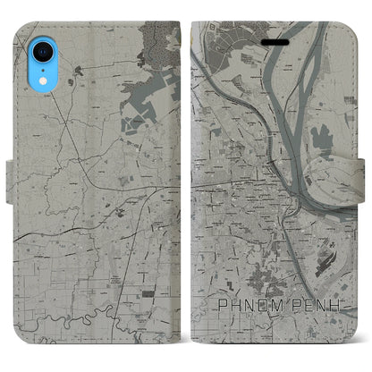 【プノンペン（カンボジア）】地図柄iPhoneケース（手帳タイプ）モノトーン・iPhone XR 用