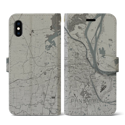 【プノンペン（カンボジア）】地図柄iPhoneケース（手帳タイプ）モノトーン・iPhone XS / X 用
