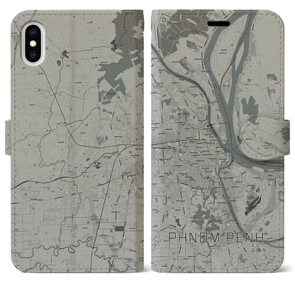【プノンペン（カンボジア）】地図柄iPhoneケース（手帳タイプ）モノトーン・iPhone XS Max 用