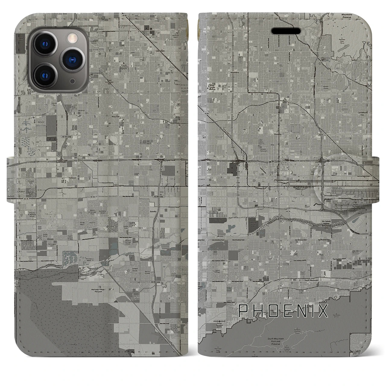 【フェニックス】地図柄iPhoneケース（手帳両面タイプ・モノトーン）iPhone 11 Pro Max 用
