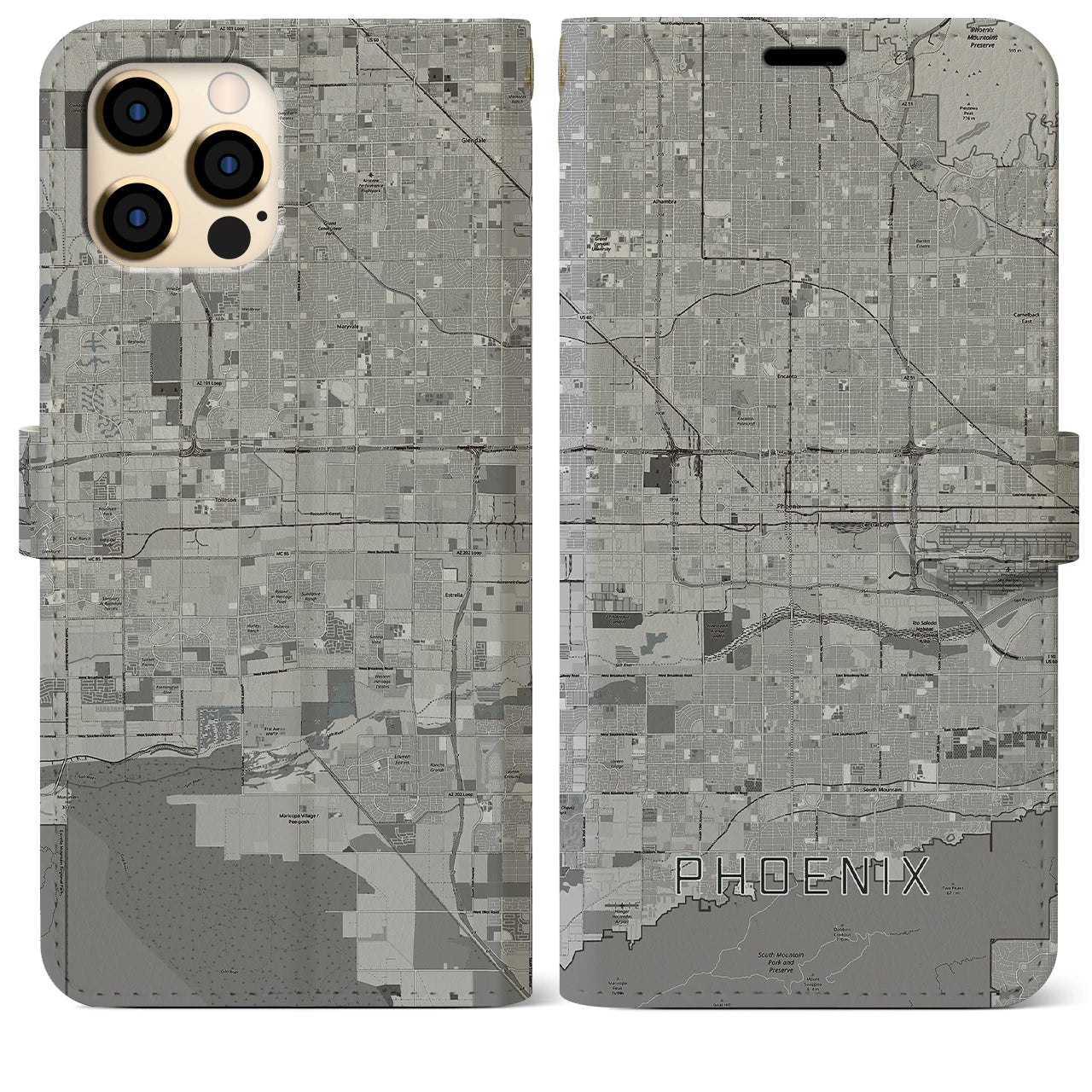 【フェニックス】地図柄iPhoneケース（手帳両面タイプ・モノトーン）iPhone 12 Pro Max 用