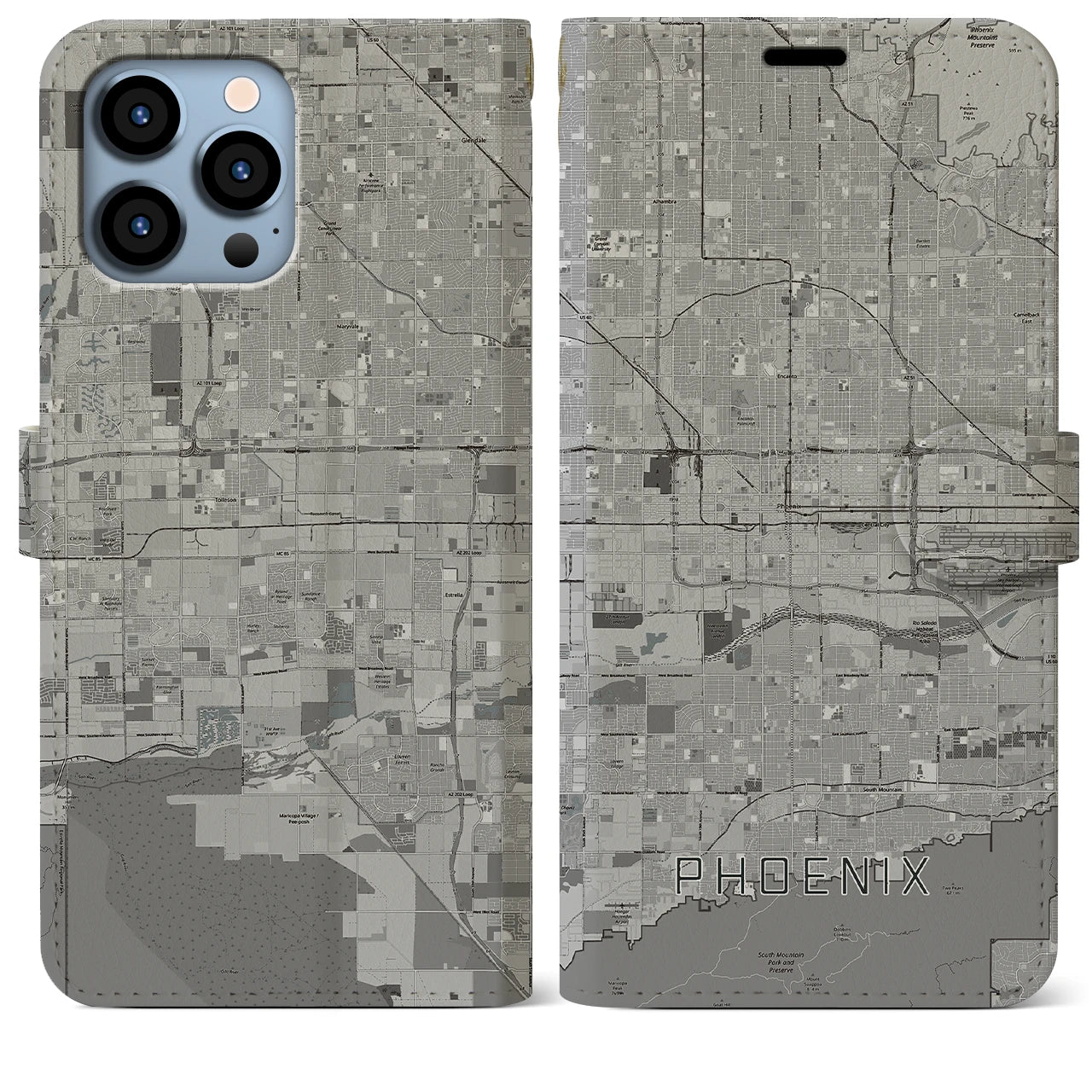 【フェニックス】地図柄iPhoneケース（手帳両面タイプ・モノトーン）iPhone 13 Pro Max 用
