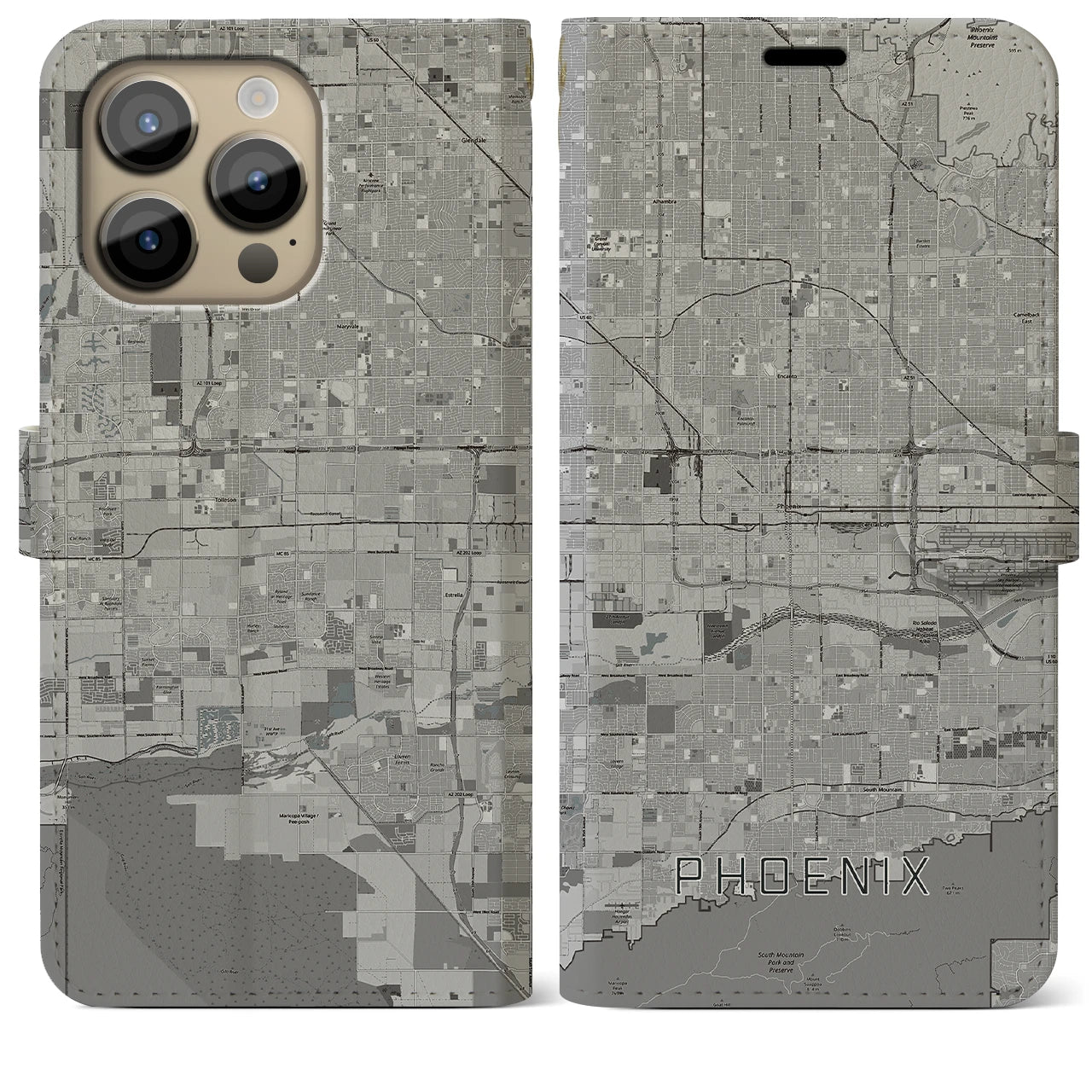 【フェニックス】地図柄iPhoneケース（手帳両面タイプ・モノトーン）iPhone 14 Pro Max 用